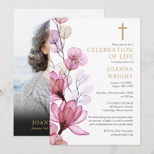ピンクの花のクリスチャン追悼式 フォト 招待状 (正面/裏面)
