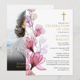 ピンクの花のクリスチャン追悼式 フォト 招待状