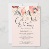ピンクの花のクリスマスパーティー Eat Drink and Be Merry 招待状 (正面)