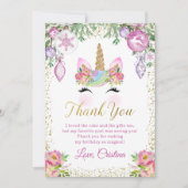 ピンクの花のクリスマスユニコーンの写真ありがとうカード 招待状 (正面)