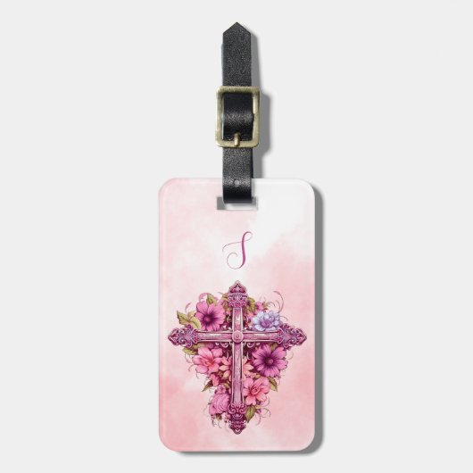ピンクの花のクロス型荷物タグ ラゲッジタグ (正面縦)