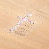 ピンクの花のクロス コンファメーション アクリル招待状 (レイダウン)