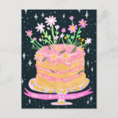 ピンクの花のグアッシュが楽しいお誕生日ケーキ,  ポストカード (正面)