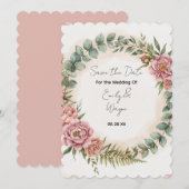 ピンクの花のグリーンがロマンティックな結婚式 セーブザデート (正面/裏面)