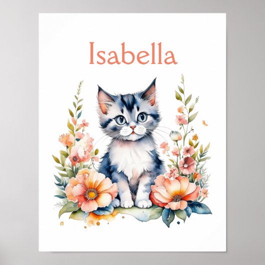 ピンクの花のグレー子猫 ポスター (正面)