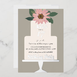 ピンクの花のケーキの誕生日パーティーシルバー 箔招待状