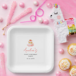 ピンクの花のケーキの誕生日パーティー ペーパープレート