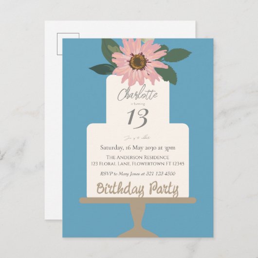 ピンクの花のケーキの誕生日パーティー ポストカード (正面/裏面)