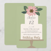 ピンクの花のケーキの誕生日パーティー 招待状 (正面/裏面)