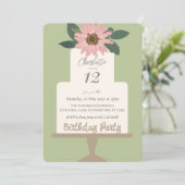 ピンクの花のケーキの誕生日パーティー 招待状 (スタンド正面)