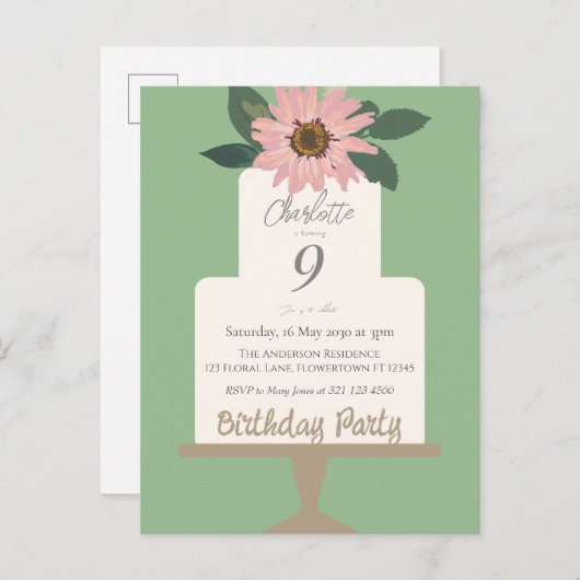 ピンクの花のケーキ誕生日パーティー ポストカード (正面/裏面)