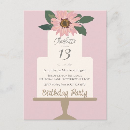 ピンクの花のケーキ誕生日パーティー ポストカード (正面)