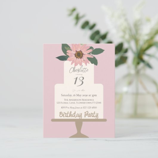 ピンクの花のケーキ誕生日パーティー ポストカード (スタンド正面)