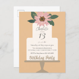 ピンクの花のケーキ誕生日パーティー ポストカード