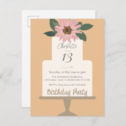 ピンクの花のケーキ誕生日パーティー ポストカード (正面/裏面)