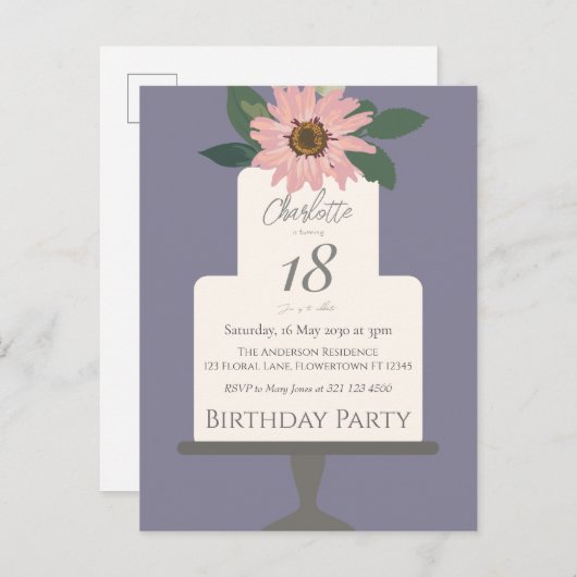 ピンクの花のケーキ誕生日パーティー ポストカード (正面/裏面)