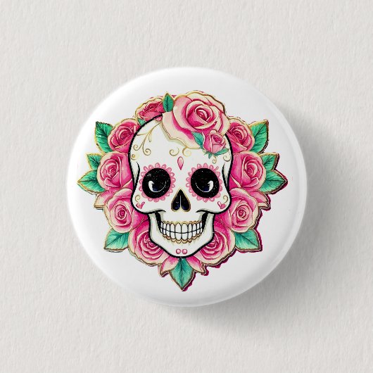 ピンクの花のコケット フラワースカル ローズ スケルトン 缶バッジ (正面)