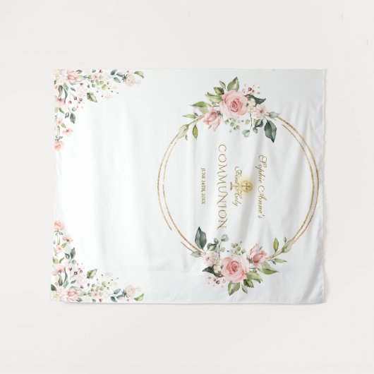 ピンクの花のゴールドの初めての聖体拝領の写真小道具 タペストリー (正面(横))