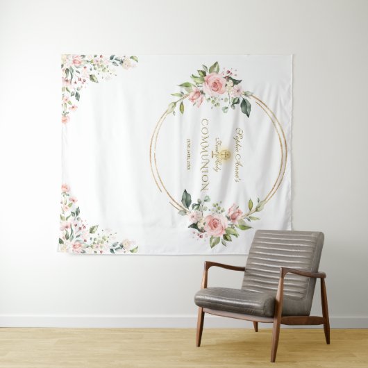 ピンクの花のゴールドの初めての聖体拝領の写真小道具 タペストリー (インサイチュ(横))