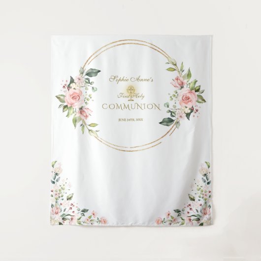 ピンクの花のゴールドの初めての聖体拝領の写真小道具 タペストリー (正面)