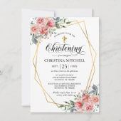 ピンクの花のゴールドの十字架が付いた女の子の洗礼・ baptism 招待状 (正面)