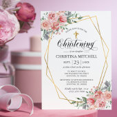 ピンクの花のゴールドの十字架が付いた女の子の洗礼・ baptism 招待状
