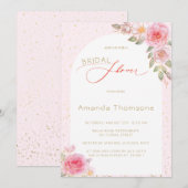 ピンクの花のゴールドの結婚前お茶会招待状 招待状 (正面/裏面)