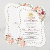 ピンクの花のゴールドグリッターが輝く聖体拝領 招待状 (正面/裏面)