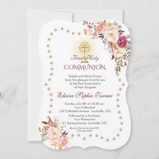 ピンクの花のゴールドグリッターが輝く聖体拝領 招待状 (正面)