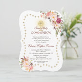 ピンクの花のゴールドグリッターが輝く聖体拝領 招待状 (スタンド正面)