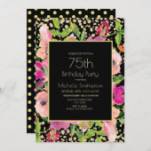 ピンクの花のゴールドグリッター ブラック 75歳の誕生日 招待状 (正面/裏面)