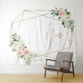 ピンクの花のゴールドフレーム聖体拝領の背景 タペストリー (インサイチュ(横))