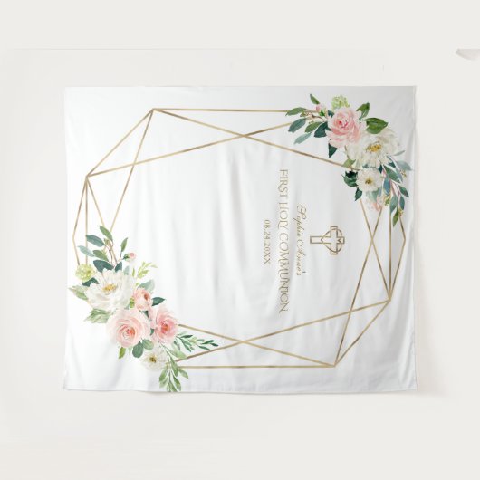 ピンクの花のゴールドフレーム聖体拝領の背景 タペストリー (正面(横))