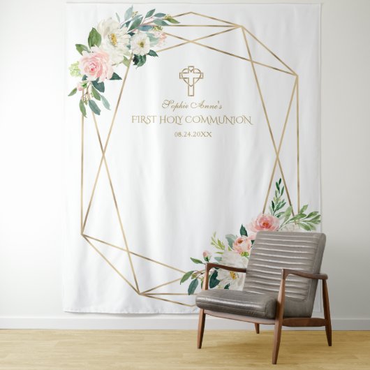 ピンクの花のゴールドフレーム聖体拝領の背景 タペストリー (インサイチュ)