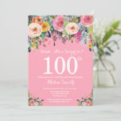 ピンクの花のサプライズ 100歳の誕生日招待状 招待状 (スタンド正面)