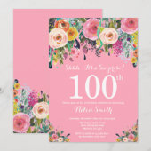 ピンクの花のサプライズ 100歳の誕生日招待状 招待状 (正面/裏面)