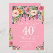 ピンクの花のサプライズ 40歳の誕生日招待状 招待状 (正面/裏面)