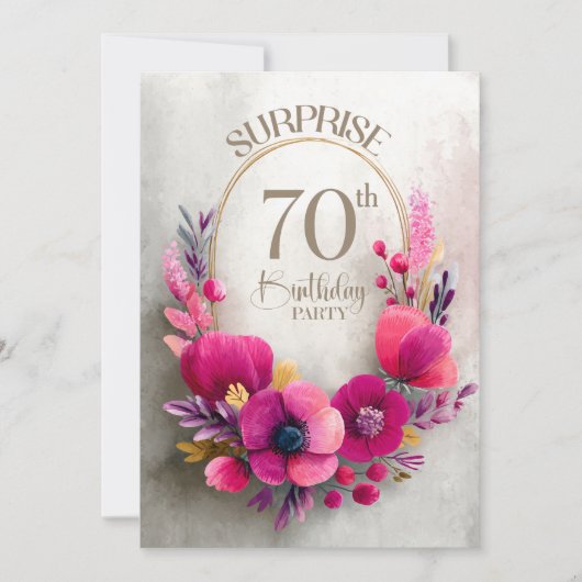 ピンクの花のサプライズ 70歳の誕生日パーティー 招待状 (正面)
