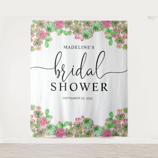 ピンクの花のサボテンと多肉植物の花嫁シャワー タペストリー (正面)