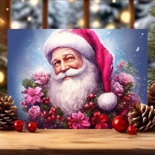 ピンクの花のサンタクロースのクリスマス シーズンカード