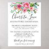 ピンクの花のシグネチャーカクテル ウェディングバーサイン ポスター (正面)