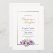 ピンクの花のシャンパン朝食 ブライダルシャワー 招待状 (正面/裏面)