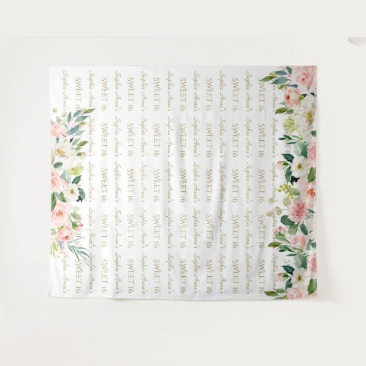 ピンクの花のスイート16ステップ&リピート背景 タペストリー (正面(横))