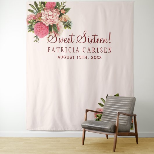 ピンクの花のスイート16フォトブースの背景 タペストリー (インサイチュ)