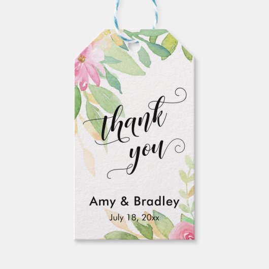 ピンクの花のスクリプトありがとうパーソナライズされたす結婚。 ギフトタグ (正面)