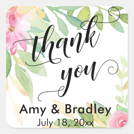 ピンクの花のスクリプトありがとうパーソナライズされたす結婚。 スクエアシール (正面)
