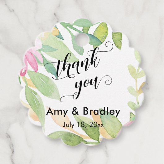 ピンクの花のスクリプトありがとうパーソナライズされたす結婚。 フェイバータグ (正面)