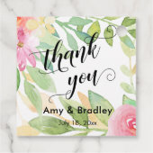 ピンクの花のスクリプトありがとうパーソナライズされたす結婚。 フェイバータグ (裏面)