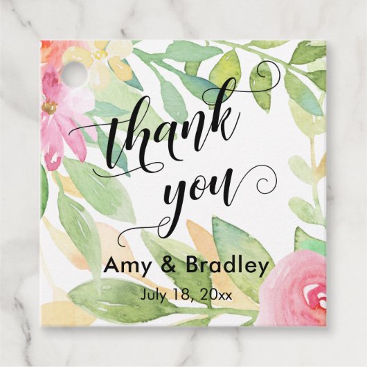 ピンクの花のスクリプトありがとうパーソナライズされたす結婚。 フェイバータグ (正面)