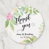 ピンクの花のスクリプトありがとうパーソナライズされたす結婚。 フェイバータグ (裏面)